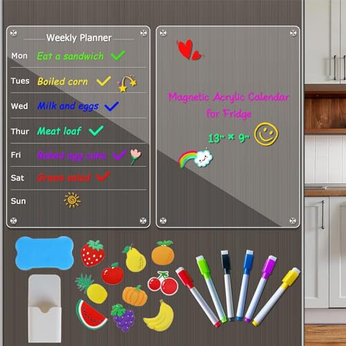 VOSO Acrylic Magnetic Weekly Meal Planner for Fridge, Clear 2 Set Resuable Dry Erase Calendar Board and Memo, Includes 6 Dry Erase Markers, Pen Holder& 10 Fruit Magnets (13x9)