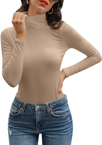 Aottori Camiseta Cuello Alto Mujer Camisetas Manga Larga Ropa Interior Jersey Algodon con Cuello Vuelto Invierno Slim Fit Basica Termica Top Caqui M