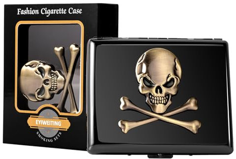 Klassisches Vintage Metall Damen und Herren tragbare Zigarettenetui, hält 18-20 100mm Zigaretten (Totenkopf Schwarz, 20pcs 100's)