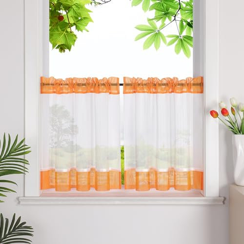 HeichkelL Scheibengardinen mit Streifen Küche Kurzstores Leinenoptik Bistrogardine Kleinfenster Gardine Orange mit Tunnelzug HxB 60x145cm 1 Stück
