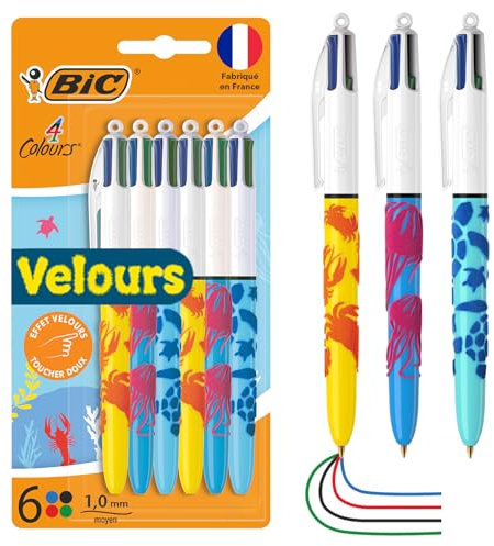 BIC 4 Farben Kugelschreiber Set 4 Colours Velours, in Meeresmotiven, 6er Pack, Ideal für das Büro, das Home Office oder die Schule