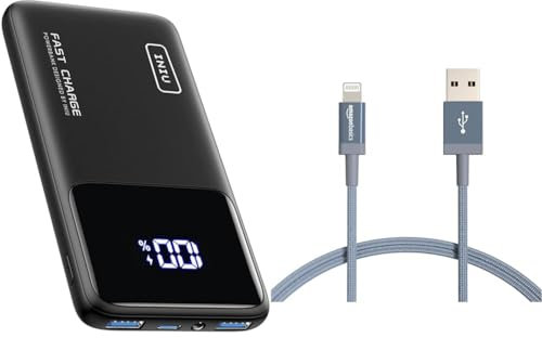 INIU Power Bank, 10000mAh Slimmest Fast Charging Portable Charger, 22.5W Mobile Phone Charger PD3.0 & Amazon Basics USB-A to Lightning Charger Cable, Nylon Braided Cord, MFi Certified
