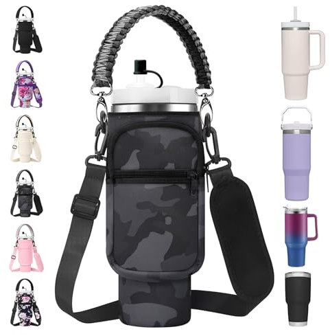 AceTreker Wasserflaschen-Hülle mit Paracord-Griff für Stanley Trinkbecher, isolierte Thermoskanne, Autotasche, mit Handyfach und Strohhalm-Abdeckung, für Stanley-Becher-Zubehör, Schwarz Camo