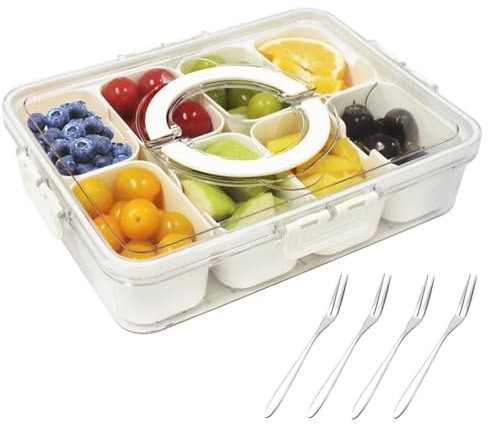 Bandejas para Aperitivos con Tapa, Transparente Caja de Almacenamiento de Aperitivos con 8 Compartimentos Plato de Plástico para Aperitivos Contenedor de Almacenamiento para Frutos Secos Especias