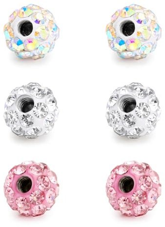 Rajnard Piercing Kugel 1,6/1,2/1,0/0,8mm Gewinde Chirurgenstahl 2,5/3/3,5/4/5/6/8mm Ersatzkugel Glitzer Piercing Ohr Septum Zange Nasenring Bauchnabelpiercing Kugel Silber Weiß Rosa Lila Blau