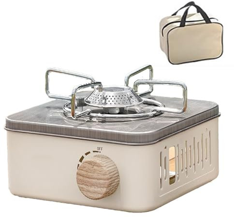 Mini Portable Butane Stove - Easy to Use Caravan Outdoor Cooker with Carrying Bag, for Camp, Picnic, Outdoor & Indoor Use, Emergency Stove - White Khaki