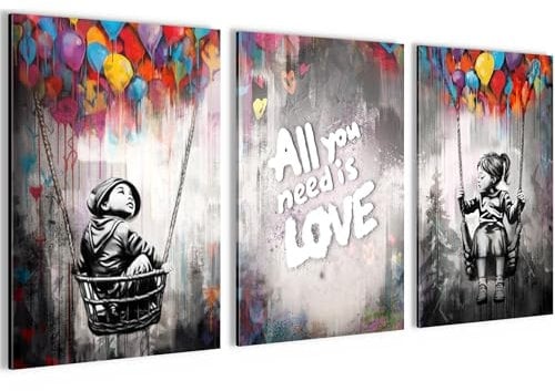 Novart Tableaux Decoration murale Banksy Style Enfants Gris Coloré - PAS DE CADRE NÉCESSAIRE - Salon Chambre Couloir XXL - N037436a