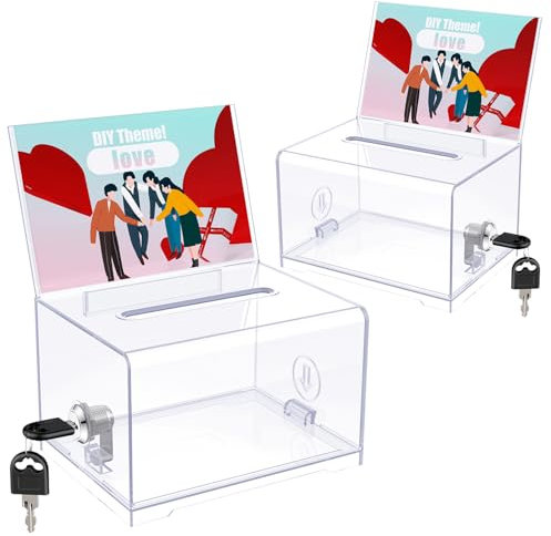 Uniclife 2 Pack Acrylic Donation Box with Lock and Sign Holder Clear Ballot Box with Slot Plastic Suggestion Boxs Storage for Fundraising Voting Charity Tip Collection, 15.7 x 11.9 x 10.16 cm