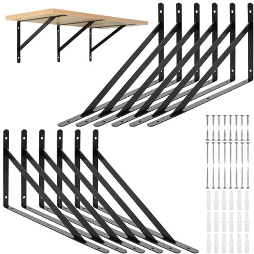 GBACHOOSE 12 Stück Regalhalterung 190 x 300 mm, Schwarz Metall Regalwinkel, Schwerlastwinkel für DIY Halterung,Wand Klapptisch Wandmontage, Werkbank, Lagerregal