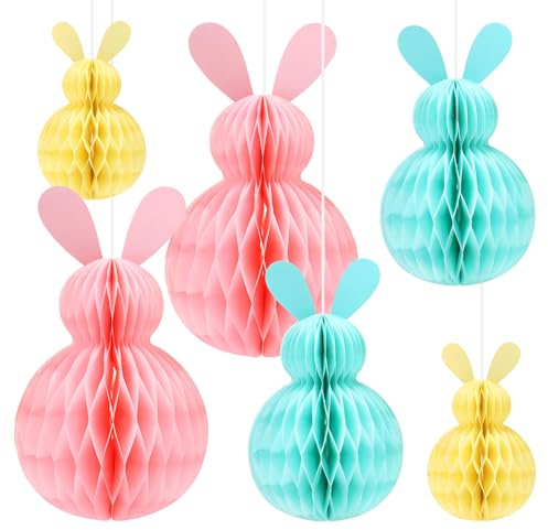 QILUCKY 6 Stück Oster-Hängedekorationen, Osterhasen-Dekorationen, Hasen-Waben-Papierkugel-Tischdekoration, Baumdekoration für Frühling, Zuhause, Party