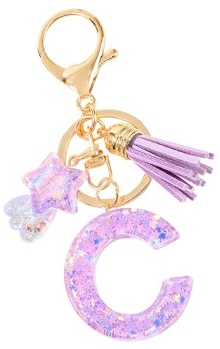 Durdiiy Durdiiy Initiale Letter Keychains Porte Clé Lettre,Violet Porte-clés pour fille avec Pendentif étoile frangée,Alphabet Initial Keyring Pendentif,Cadeau pour femme gland or porte clef femme (C)