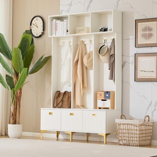 Merax Garderobe mit Sitzbank, Flur Möbel, Multifunktionale Garderobe Set, Offene Aufbewahrung, 6 goldene Haken und Füße, geeignet für Flur, Wohnzimmer, Weiß, 120x23,5x191,5cm
