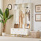 Merax Garderobe mit Sitzbank, Flur Möbel, Multifunktionale Garderobe Set, Offene Aufbewahrung, 6 goldene Haken und Füße, geeignet für Flur, Wohnzimmer, Weiß, 120x23,5x191,5cm