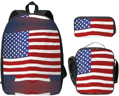 MDATT Zaino con bandiera americana e astuccio portapranzo, leggero, per campeggio, escursioni, Nero , Taglia unica