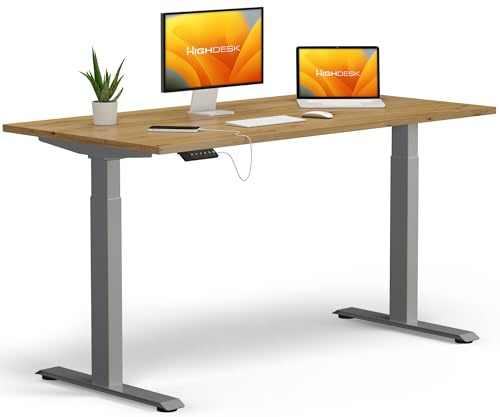 KRIEG HighDesk Basic Höhenverstellbarer Schreibtisch 200 x 80 cm I Silber + Eiche - Elektrischer Sitz- & Stehtisch mit Tischplatte - Stehschreibtisch Elektrisch Höhenverstellbar