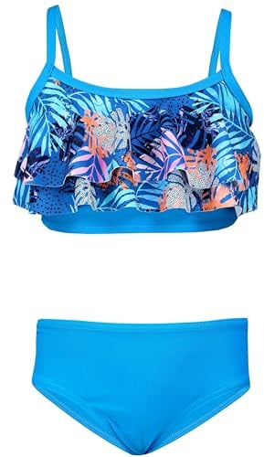 Aquarti Mädchen Bikini Set Bustier Bikinislip Zweiteiliger Badeanzug, Farbe: 030J mit Rüschen/Blätter/Orange/Blau/Dunkelblau, Größe: 116