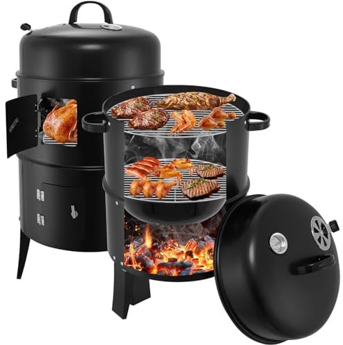 Dibaful 3in1 Holzkohlegrill Smoker Räucherofen Grill mit Thermometer und Regulierbarem Luftabzug am Deckel | Räuchertonne Wasserschale zum Dampfgaren Holzkohle Grill mit Kohleschale und Ascherost