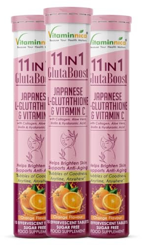 Vitaminnica Gluta Boost 11-in-1 Effervescent Tablets with Japanese L-Glutathione, Collagen, & Hyaluronic Acid | Skin Radiance & Beauty Supplement | 15 Tablets (45 Count (Pack of 3), Orange)