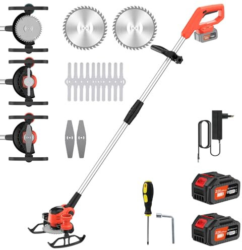 Rasentrimmer mit Akku, 21V Rasenkantenschneider mit 6000mAh Akku, Elektro-Trimmer Gartenkantenfräser mit 3 Arten Klingen für Garten und Hof (Orange mit 2 Akkus)