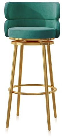 Barhocker in Thekenhöhe, 1er-Set, hoher Hocker aus Samt mit Rückenlehne, gepolsterter Küchenhocker, Esszimmerstühle mit Fußstütze, Barstühle für die Küche und Hausbar, grün-goldene Beine, 65