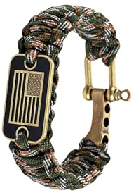 Patriotisches Paracord-Survival-Armband für Herren, bronzefarbene US-Flagge, taktische Ausrüstung mit Multifunktionswerkzeug-Funktionen, verstellbare Größe (12–25 cm), grünes