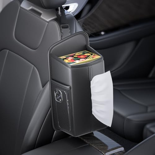 TESGADGETS Porta fazzoletti per sedile anteriore, organizzatore da poggiatesta con 2 tasche laterali in rete per cellulari e carte, in PU resistente (Nero)