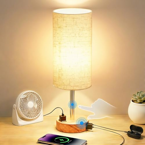 Fitfull Table Lamp for Bedroom, High-Sensitivity Touch, AC Outlet, USB A+C