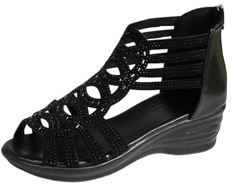 sandales femme été Chaussures compensées compensé pour femmes avec fermeture éclair arrière, sandales de plage décontractées et tendance avec strass creux et brillants Pantoufles Hiver Fermées