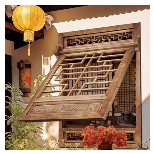 XILYZMO Finestre A Ribalta Legno Massello Griglie Manuali Stile Antico Finestre Ventilazione Ingressi Battente A Filo Muro Ideali Ristoranti Sale tè Giardini E Paesaggistica(A-Brown,70x110cm)