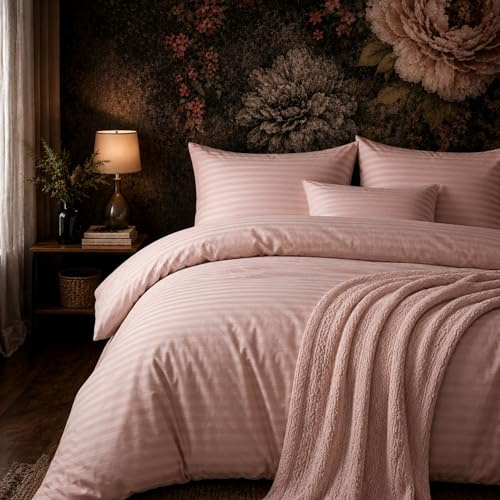 ZIRVEHOME Bettwäsche 135x200 cm 4-teilig – Rosa Bettbezug mit feinem Streifenmuster – 2X Bettbezüge 135x200 + 2X Kissenbezüge 80x80 – Renforcé Baumwolle – Pflegeleichte Ganzjahresbettwäsche Rosa