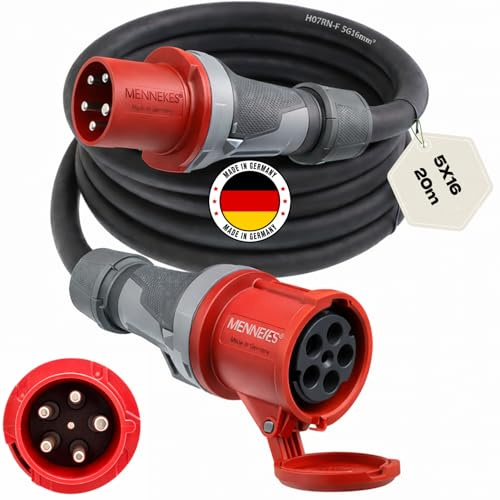 Starkstromkabel MENNEKES 63A 20m H07RN-F 5x16 Starkstrom Verlängerungskabel CEE Verlängerung 63 Ampere Kabel 5x16mm2 Baustelle Werkstatt Industrie Geeignet Outdoor IP44 Spritzwassergeschütz
