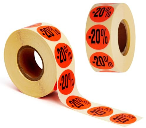 POKORNYS – Aktionsetiketten “-20%” I Etiketten für reduzierte Ware I 2.000 selbstklebende Rabattaufkleber in leuchtendem Rot I permanent haftende, runde Klebeetiketten mit Ø 32mm