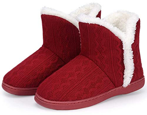 TUOBUQU Hausstiefel Damen Winter Warm Plüsch Hüttenschuhe Leicht Weich Rutschfest Gefüttert Hausschuhe Pantoffeln Stiefel Rot 40/41 EU
