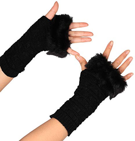 MoreChioce Kunstfell Armstulpen,Damen Winter Wärm Handschuhe Kunstpelz Handwärmer Manschetten Gestrickte Stulpen Handstulpen Armmanschette,Schwarz