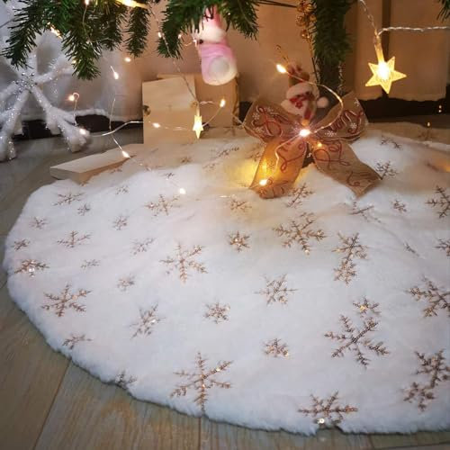 Christbaum-Überwurf, Plüsch, Weihnachtsdekoration, Durchmesser 90 cm, Schneeflocken-Design, Weiß/goldfarben
