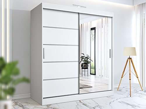 2 Door Beautiful Sliding Mirror Door with LED Light Wardrobe in 3 Size and 2 Color (150cm, White)