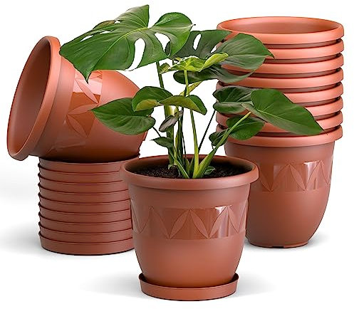 Blumentopf 10er Set 15 cm Durchmesser Terrakotta - runder Pflanzkübel mit Untersetzer aus Kunststoff - witterungsbeständiger Übertopf, großer Pflanztopf