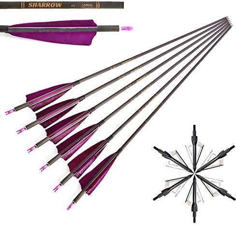 SHARROW 12 Stücke Carbonpfeile 34 Zoll Bogenpfeile mit Naturfedern Jagd Pfeile für Bogen 400 Spine Carbon Pfeile mit Broadheads (Violett)