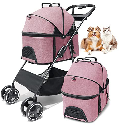 PJDDP Hundebuggy Hundewagen Vierrädrige Buggy Bis 15Kg,Hundebox Transporttasche Faltbar Klappbar Für Kleine Hunde Und Katzen Haustierwagen Pet Stroller Katzenbuggy Mit Aufbewahrungskorb,Rosa