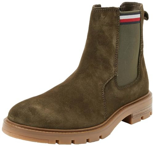 Tommy Hilfiger Stivali Bassi Uomo Corporate Suede Chelsea Pelle Scamosciata, Verde (Army Green), 46 EU