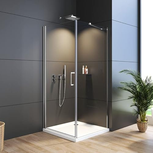 WDWRITTI Duschkabine 90x80 cm Eckeinstieg Schwingtür mit Seitenwand, Pendeltür Dusche Duschabtrennung aus 6mm ESG NANO Sicherheitsglas, Duschtür Höhe 195 cm