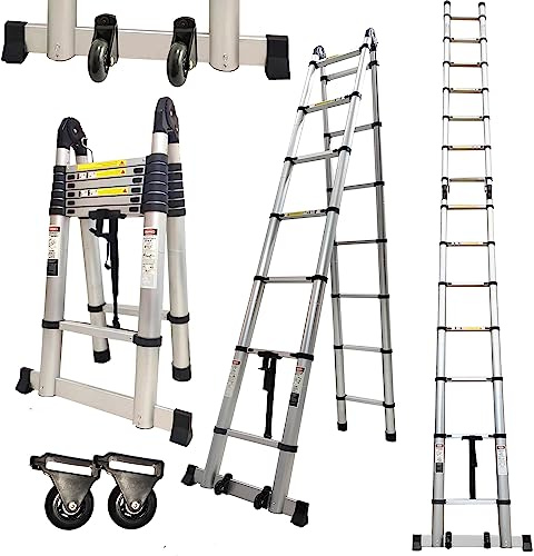 Hooha 5,8M Teleskopleiter Klappbar Mit Abnehmbar Rad Alu Ausziehleiter Klappleiter Teleskop-Design Multifunktionsleiter 2,9M+2,9M Faltbar Stehleiter 150 kg Belastbarkeit EN 131