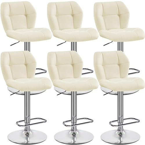 Yaheetech Barhocker 6er Set Höhenverstellbar 360°Drehbar Barstühle Küchenstühle mit Rückenlehne und Fußstütze, Barstuhl PU-Kunstleder Sitzhöhe 62,5 cm - 84,5 cm für die Küche, Beige