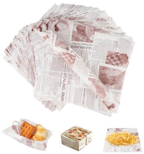GUOYIHUA 150 hojas de papel de hornear, aspecto de periódico vintage, papel deli, papel para hamburguesas, papel de pan, papel para hornear a prueba de grasa (22 x 22 cm), CW524644_01
