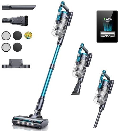 Akku Staubsauger 38000PA, VC60 Staubsauger bis zu 55 MIN Akkulaufzeit, 450W Stielstaubsauger mit LED-Display, Duftkarte, Anti-Tangle-Kabelloser Staubsauger für Hartböden/Teppich/Tierhaare/Auto/Zuhause