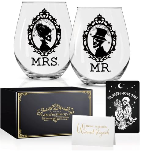 Perfectinsoy Halloween Hochzeit Weinglas Mrs Mr 2er Set mit Geschenkbox | Halloween Totenkopf Weingläser 2er Set, Halloween Jahrestag Valentinstag Geburtstag Geschenke für Paare Ehefrau Zombie