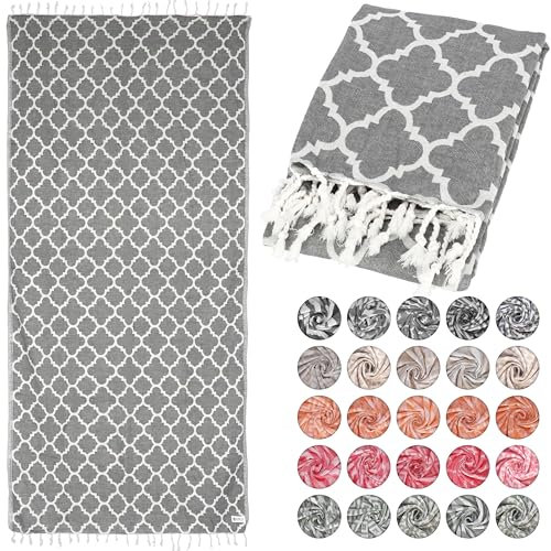 Lukkum® Oeko-TEX® Morrocan Muster Leo Pestemal Strandtuch Saunatuch Badetuch Hamamtuch Groß Baumwolle Duschtuch Handtuch Fouta Decke Sporttuch Damen Herren Schwarz (Smokey Grey, Morrocan 185 x 90cm)