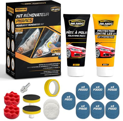 Kit de Rénovation Phare & Polisseuse Voiture - Lustreuse, Polish et Nettoyant pour Auto/Moto - Restauration Phare Opaque, Polissage, Protection Anti-UV, Papier à Poncer Inclus pour Finition Parfaite
