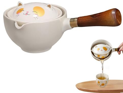 Tetera de gato, tetera de 360 grados Rotación linda gato cerámica tetera china con filtro desmontable y fabricante de té de mango de madera para herramienta de fabricación de té suelto, té con filt