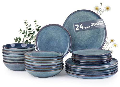 GBhome Steingut Geschirrset 6 Personen, 24-tlg Reaktive Glasur Handarbeit Geschirr Set, Mikrowellen- & Spülmaschinenfest Schüssel- und Teller Set, Mediterranes blau, GDW007DJ-24P-EU